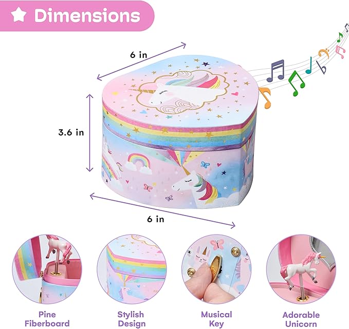 Jewelkeeper Music Jewelry Box for Girls - Sturdy Plastic with Fancy Mirror Twirling Unicorn Figurine and Flocked Lining - Kids Jewelry Box for Secrets and Keepsakes - Heart Shaped Unicorn Print-BubblyBeeBaby
