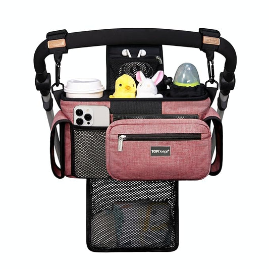 TOPDesign Universal Baby Stroller Organizer, Stroller Caddy with Detachable Mesh Bag & Heightened Insulated Cup Holders & Non-Slip Secure Hooks Accessories, Fits Most Strollers (Red)-BubblyBeeBaby