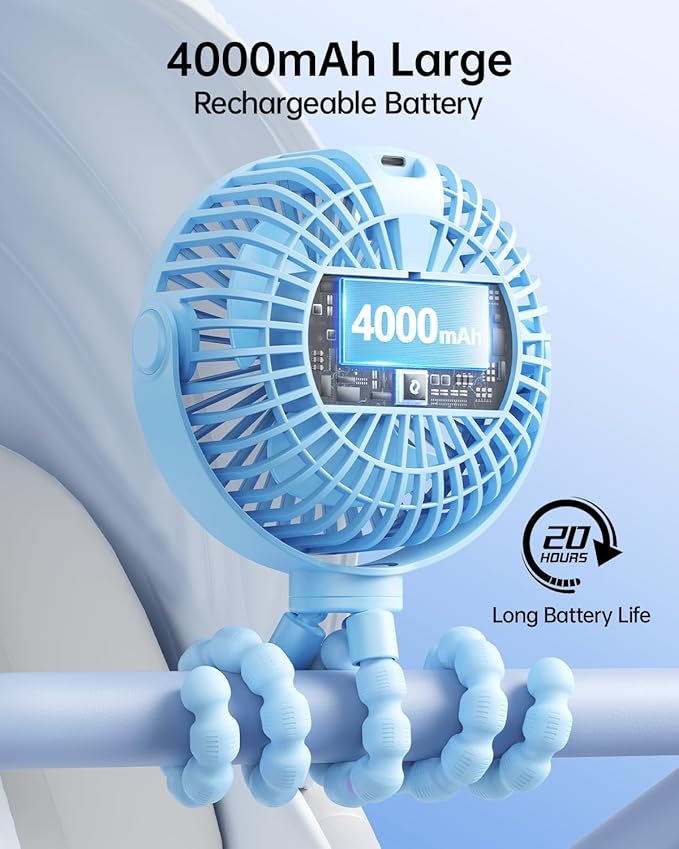 SWEETFULL Portable Stroller Fan with Display 4000mAh Battery Powered Mini Clip On Fan, 4-Speed Rechargeable Small Personal Cooling for Baby Car Seat Crib Travel - Blue-BubblyBeeBaby