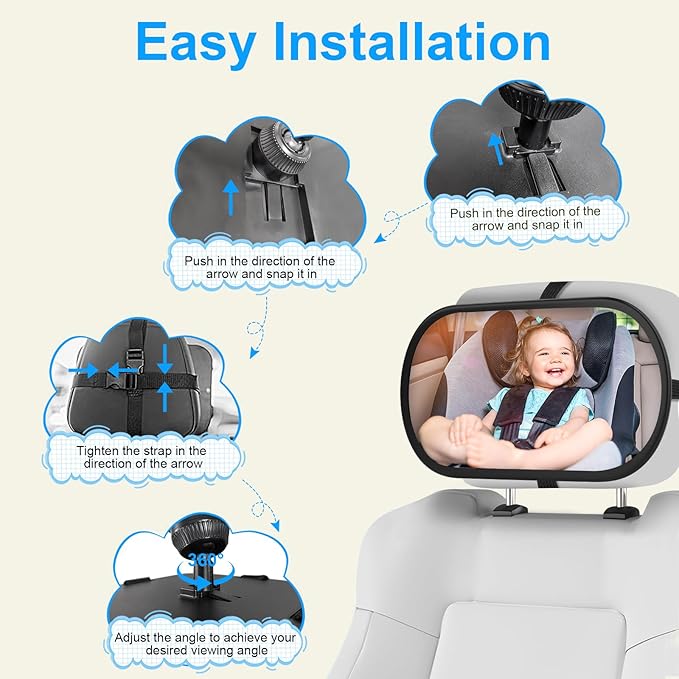 Baby Car Mirror, Safety Car Seat Mirror for Rear Facing Infant, Clear Wide View, 360°Rotation, Easily Observe the Baby Move, Secure, Shatterproof, Crash Tested and Certified (Black)-BubblyBeeBaby