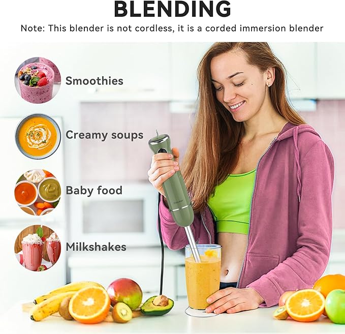 Immersion Blender Handheld 5 in 1 Hand Blender, 1000W Hand Mixer Stick, BPA-Free 12 Speed Handheld Blender with Mixing Beaker, Chopper, Whisk and Milk Frother for Soup, Smoothies, Sauce, Baby Food-BubblyBeeBaby