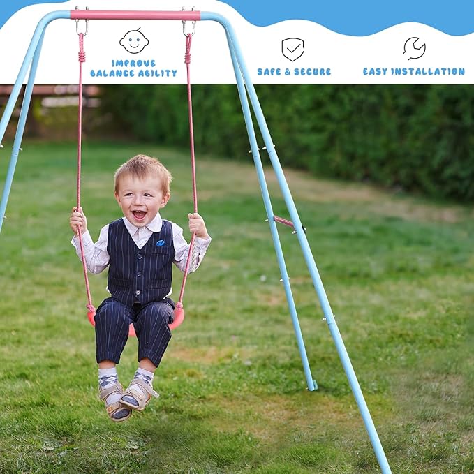 2-in-1 Toddler Swing Set with Metal Stand, Safety Belt & 4 Anchors - A-Frame Swing for Kids 6 Months+ (Pink, Indoor/Outdoor Backyard Playground)-BubblyBeeBaby