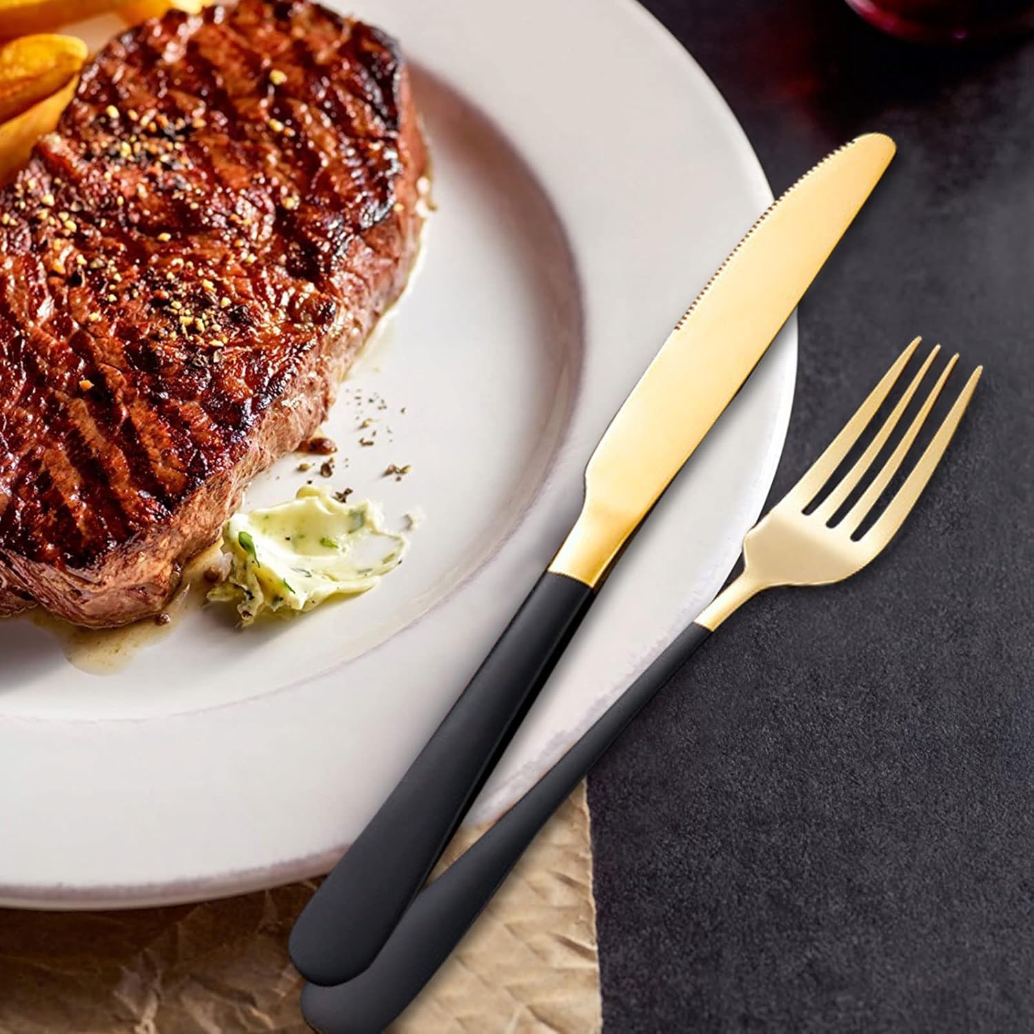 Black Portable Flatware Cutlery Set, TWUTGAYW Stainless Steel Travel Utensils with Case, Reusable Chopsticks Knife Spoons and Forks Set, Gold Camping Utensils Set for Lunch, Office, School, Picnic