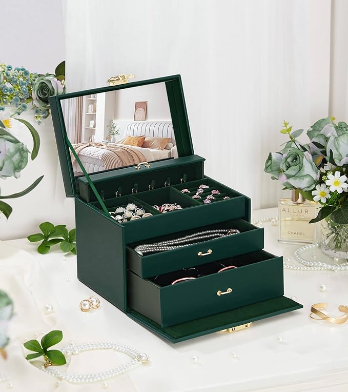 Jewelry Box with Lock for Girls: Jewelry Organizer for Dresser - 3-Drawer Earrings Storage Girls Women Gift (Dark Green)-BubblyBeeBaby