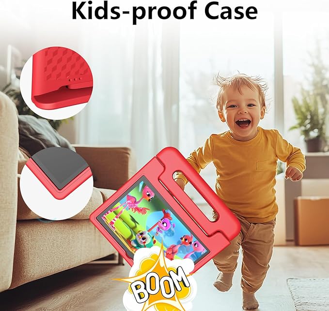 JREN Tablet for Kids｜10 Inch Kids Tablet Android 14｜Octa-core｜64GB｜WiFi ｜Bluetooth｜Parental Control｜Children Content｜Children Toddler Red-BubblyBeeBaby