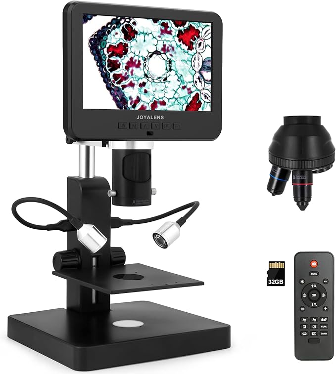 JL246P 3 Lens 7'' LCD Digital Microscope 1000X, Biological Microscope with Prepared Slides for Adults and Kids,12MP for Coin Microscope Full Coin View, 32G Card, Multiple Lights-BubblyBeeBaby