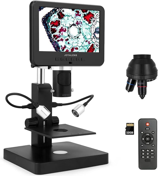 JL246P 3 Lens 7'' LCD Digital Microscope 1000X, Biological Microscope with Prepared Slides for Adults and Kids,12MP for Coin Microscope Full Coin View, 32G Card, Multiple Lights-BubblyBeeBaby