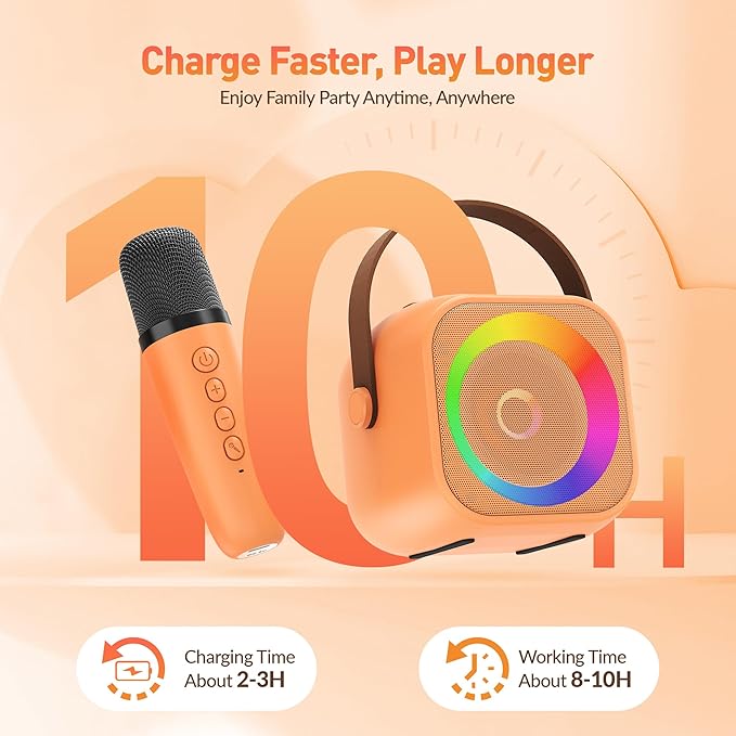 Karaoke Machine for Kids Adults: Mini Portable Karaoke Machine with 2 Wireless Microphones and Lights, Christmas Birthday Gifts for Girls Boys Family Home Party(Orange)-BubblyBeeBaby