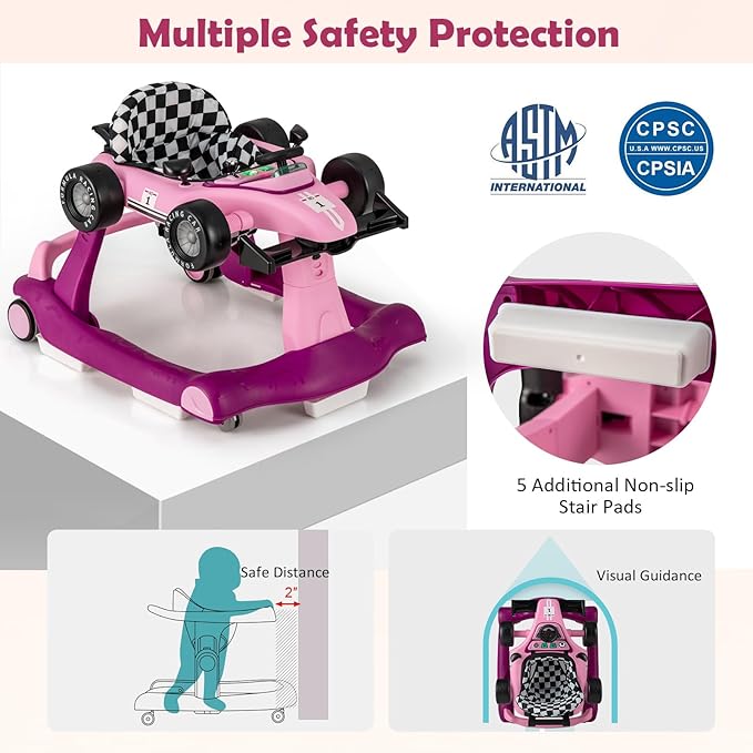 HONEY JOY 4-in-1 Baby Walker, Activity Push Walker w/3 Adjustable Heights, Smooth Wheels w/Adjustable Speed, Padded Seat, Music & Light, Foldable Car Walker for Baby Boys Girls Age 6 Months+ (Purple)-BubblyBeeBaby