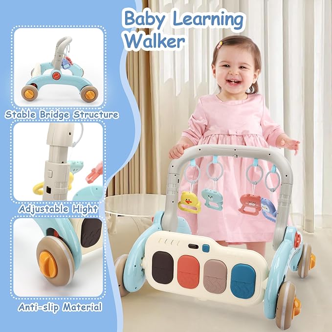 2 in 1 Baby Play Gym with Walker for Newborn, Baby Play Mat Activity Gym with 4 Infant Learning Sensory Tummy Time Mat for Infant Christmas Gifts Adjustable Height (Blue)-BubblyBeeBaby