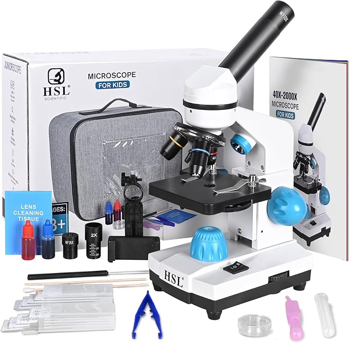 HSL Microscope for Kids,40X-2000X monocular Microscopes for Adults Students Beginner with LAD Set,Dual LED Phone Adapter Powerful Biological Microscopes for School Boys Girls Home Education Laboratory-BubblyBeeBaby