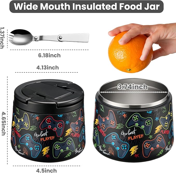 14oz Insulated Vacuum Food Jar with Buckle Lid,Soup Thermo for Hot Food Kids,Wide Mouth Leakproof Stainless Steel Lunch Container with Spoon-Black Game-BubblyBeeBaby