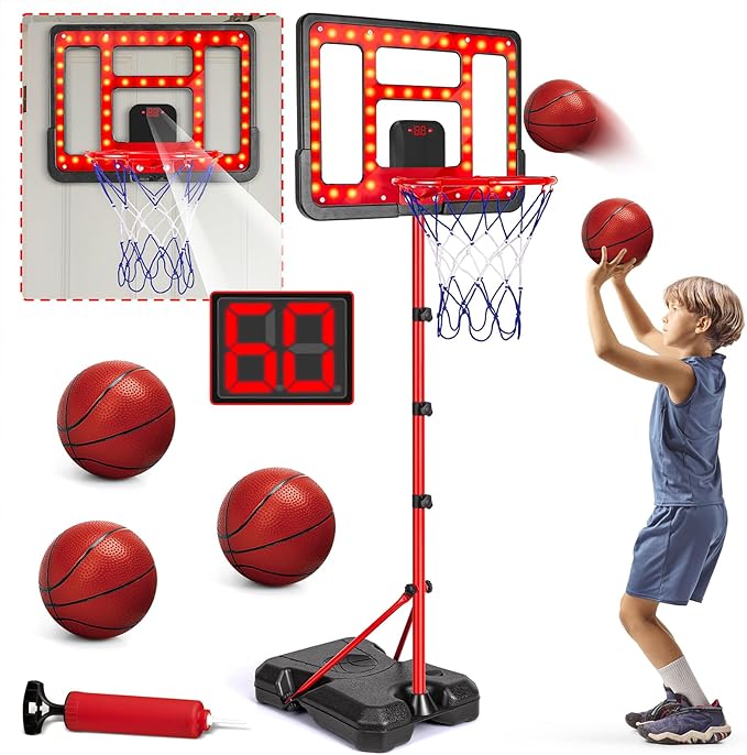 Kids Basketball Hoop Adjustable Height 3.5FT-6.2FT, Indoor Outdoor Toddler Basketball Hoop with LED Scoreboard, Boys Basketball Toy for 3 4 5 6 7 8 Years Gift, Portable Basketball Goals Sport Game-BubblyBeeBaby