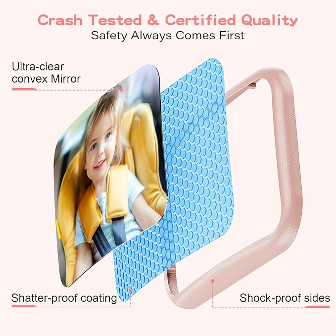 Car Mirror for Baby - Hook Clip Design, Never Shake Car Seat Mirror, Rear Facing, Easy Install, Back Seat Crystal Clear View, ShatterProof Tested - Pink-BubblyBeeBaby