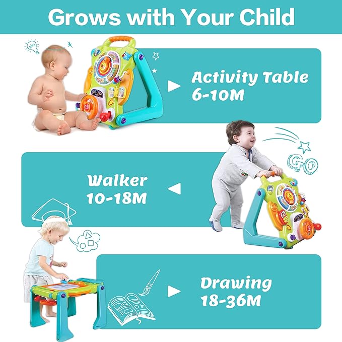 iPlay, iLearn 3 in 1 Baby Walker Sit to Stand Toys, Kids Activity Center, Toddlers Musical Fun Table, Lights and Sounds, Learning, Birthday Gift for 9, 12, 18 Months, 1, 2 Year Old, Infant, Boy, Girl-BubblyBeeBaby