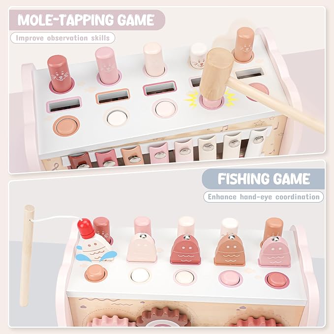 Joyreal Montessori Toys for 1 Year Old Girl Gift - Pink Wooden Hammering Pounding Toy with Xylophone & Fishing Game - Toddler Learning Activities for Kids 1+ 2 3 Year Old Christmas Birthday Gifts-BubblyBeeBaby