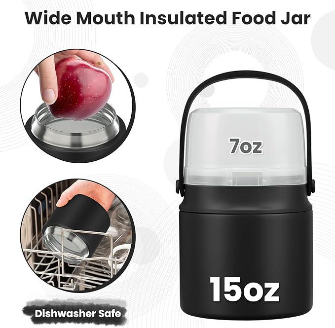 2-in-1 Insulated Food Jar & Snack Container - 15oz Kids Soup Thermos for Hot Food with Handle and Spoon, Leak Proof Reusable Toddler Snack Box, Perfect for School & Travel, Black-BubblyBeeBaby