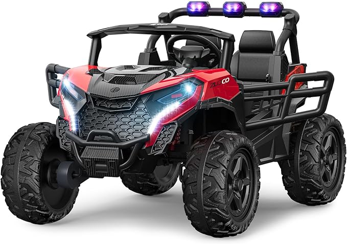 24V 2 Seater Ride on Car Truck, 4x200W, EVA Tires, 4WD/2WD, Rainbow Lights, Remote Control, Shock Absorbers, Bluetooth, Ride On UTV Toy for Kids Ages 3-8, Red-BubblyBeeBaby