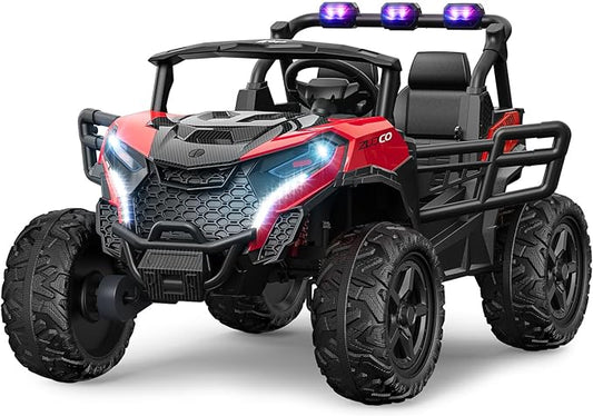 24V 2 Seater Ride on Car Truck, 4x200W, EVA Tires, 4WD/2WD, Rainbow Lights, Remote Control, Shock Absorbers, Bluetooth, Ride On UTV Toy for Kids Ages 3-8, Red-BubblyBeeBaby