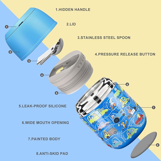 17 oz Insulated Lunch Containers Hot Food Jar, Wide Mouth Lunch Thermo for Kids Adults, Vacuum Stainless Steel Lunch Box With Handle Folding Spoon for School, Office Blue - Car-BubblyBeeBaby