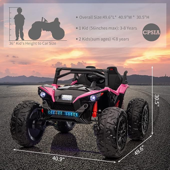 2 Seaters 24V Ride on UTV with Remote Control,10AH Battery, 400W Powerful Motors with 17" EVA Wheels, 20.5“ Seat Width Electric Ride Toy with Metal Suspension,LED Lights,Music,Horn (Rose)-BubblyBeeBaby