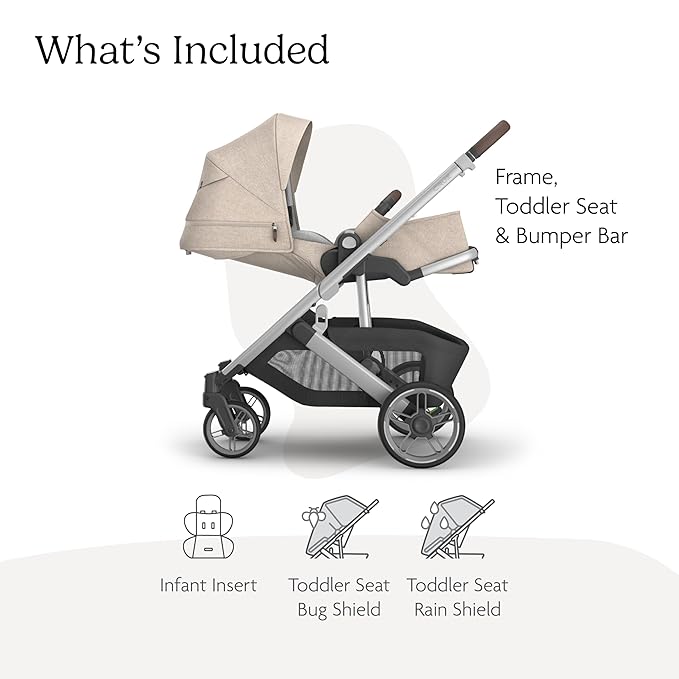 UPPAbaby Cruz V3 Stroller - from Birth + Car Seat Compatible - Full-Size, Reversible Seat - Infant Insert, Bug and Rain Shields Included - Declan (Oat Mélange/Silver Frame/Chestnut Leather)-BubblyBeeBaby