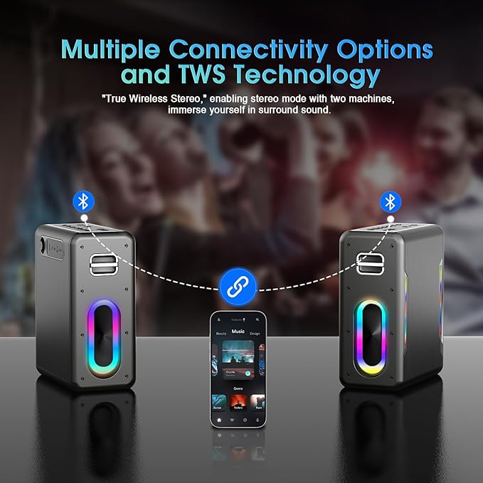 Karaoke Machine with Two Wireless Microphones, Powerful Portable Bluetooth Speaker for Adults & Kids, PA System with 2 Voice Mode, LED Lights, Supports BT/TWS/AUX/USB/TF for Party (Black+Sliver)-BubblyBeeBaby