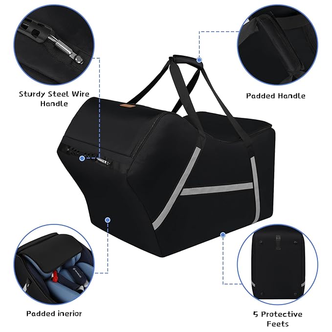 Infant Car Seat Travel Bag for Airplane Compatible with All Nuna Pipa Car Seat and Base,Chicco KeyFit 30 and Base, Padded Car Seat Bags for Air Travel,Car Seat Gate Check Bag with Side Pocket, Black-BubblyBeeBaby