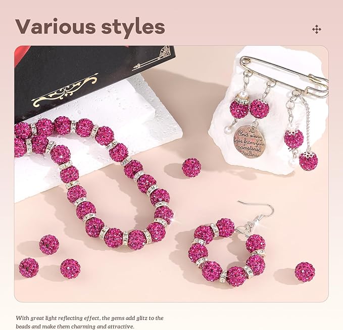 105pcs 10mm Rhinestone Beads for Jewelry Making, Champagne Pink Shiny Round Disco Ball Beads Bulk, Sparkle Crystal Clay Christmas for Bracelet Baseball Necklace Earring Crafting and DIY-BubblyBeeBaby