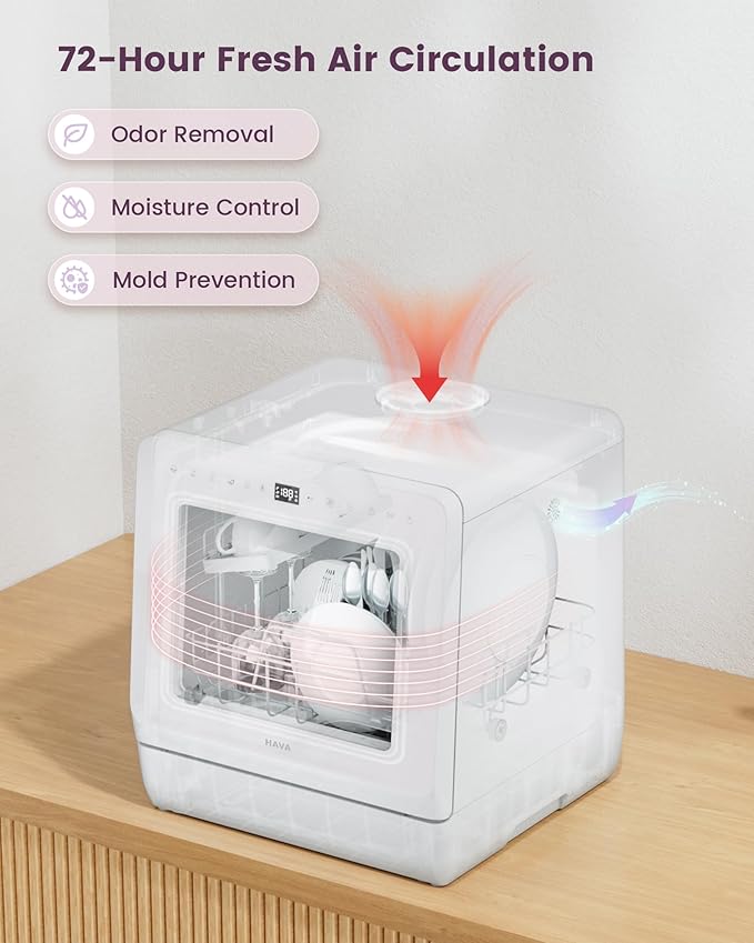 HAVA Countertop Dishwasher with Water Softener and Enhanced Energy Efficiency, Portable Dishwasher with 8 Wash Programs, Child Lock & Delayed Start Function, No Installation Needed - Misty Lilac-BubblyBeeBaby