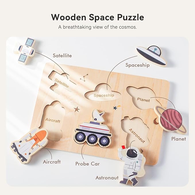 IEATFO 3 Packs Space Ocean Forest Wooden Chunky Puzzles for Toddlers, Wood Puzzle for Kids, Insert Puzzles Each Piece Fits Perfectly, Sturdy and Pegless, Educational Toys-BubblyBeeBaby