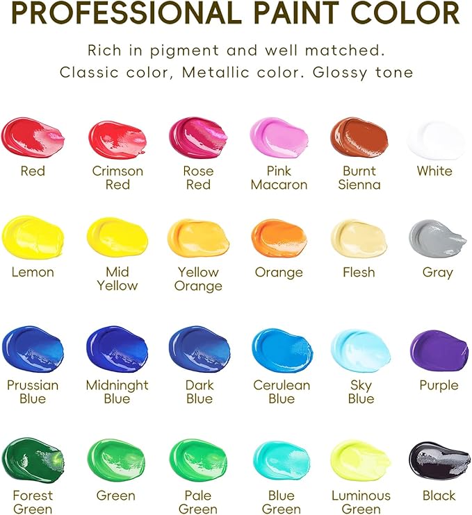 24 Colors Acrylic Paint Set, 2oz Bottles Classic Color, Rich Pigmented Canvas Paint Set, Premium Non-toxic Acrylic Paint for Artists, Kids & Adults, Art Supplies for Canvas Painting Rocks Wood Ceramic Model with 10 Brushes & Palette-BubblyBeeBaby