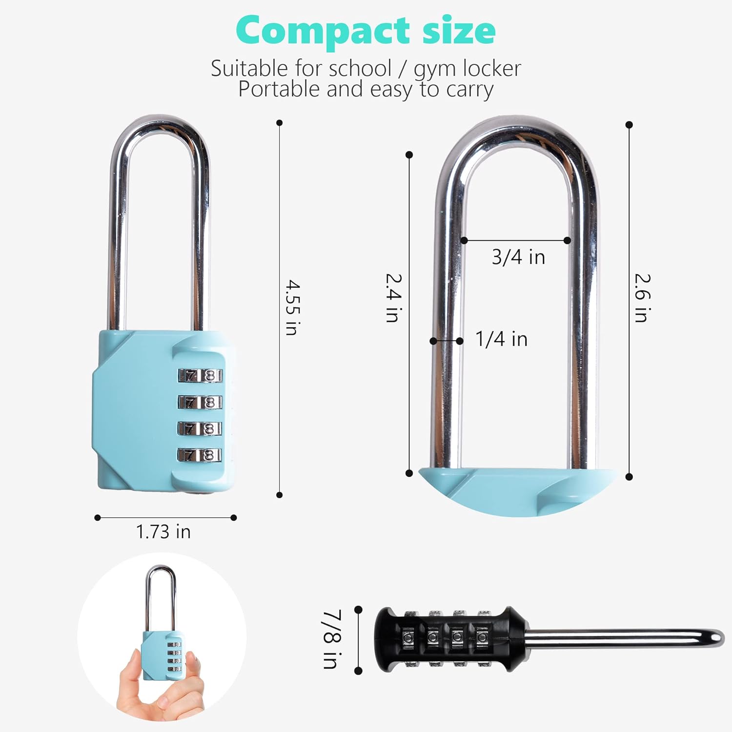 CL21AS 2.6 Inch Long Shackle Combination Lock, 4 Digit Combination Padlock Set Your own Combination for Gym Locker Lock, School, Gates, Doors, Toolbox, Hasps and Storage (Aqua Sky (L) *1)
