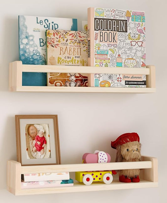 Heimlove Nursery Floating Shelves, Wood Nursery Book Shelves for Wall, 16 inch Wall Bookshelf for Kids Solid Wood Wall Mounted Shelves for Books,Toys and Decor Storage, Set of 2-BubblyBeeBaby