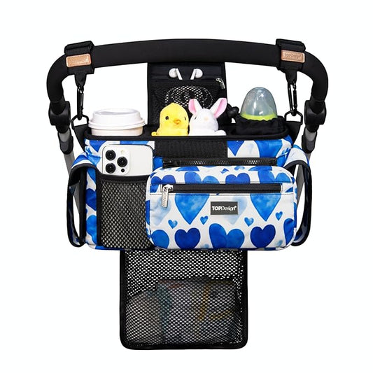TOPDesign Universal Baby Stroller Organizer, Stroller Caddy with Detachable Mesh Bag & Heightened Insulated Cup Holders & Non-Slip Secure Hooks Accessories, Fits Most Strollers (Love)-BubblyBeeBaby