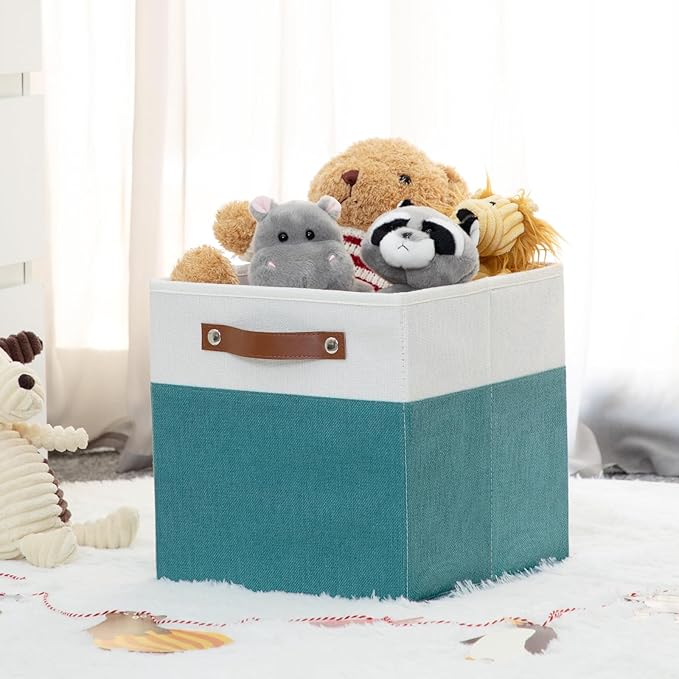 HNZIGE Fabric Storage Cube Bins Baskets for Organizing, 11 inch Cube Storage Bins, Set of 4, Collapsible Storage Bin with Handles, Closet Organizers and Storage Home Toy Nursery Bedroom(White Teal)-BubblyBeeBaby