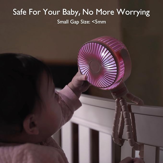 Momcozy Portable Stroller Fan, 8000mAh, 27H Ultra-long Battery Life, Detachable 4 Speed 360°Rotate, LED Night Light with 2 Modes, USB Rechargeable Handheld Cooling Fan for Travel, Car Seat, Bedroom-BubblyBeeBaby