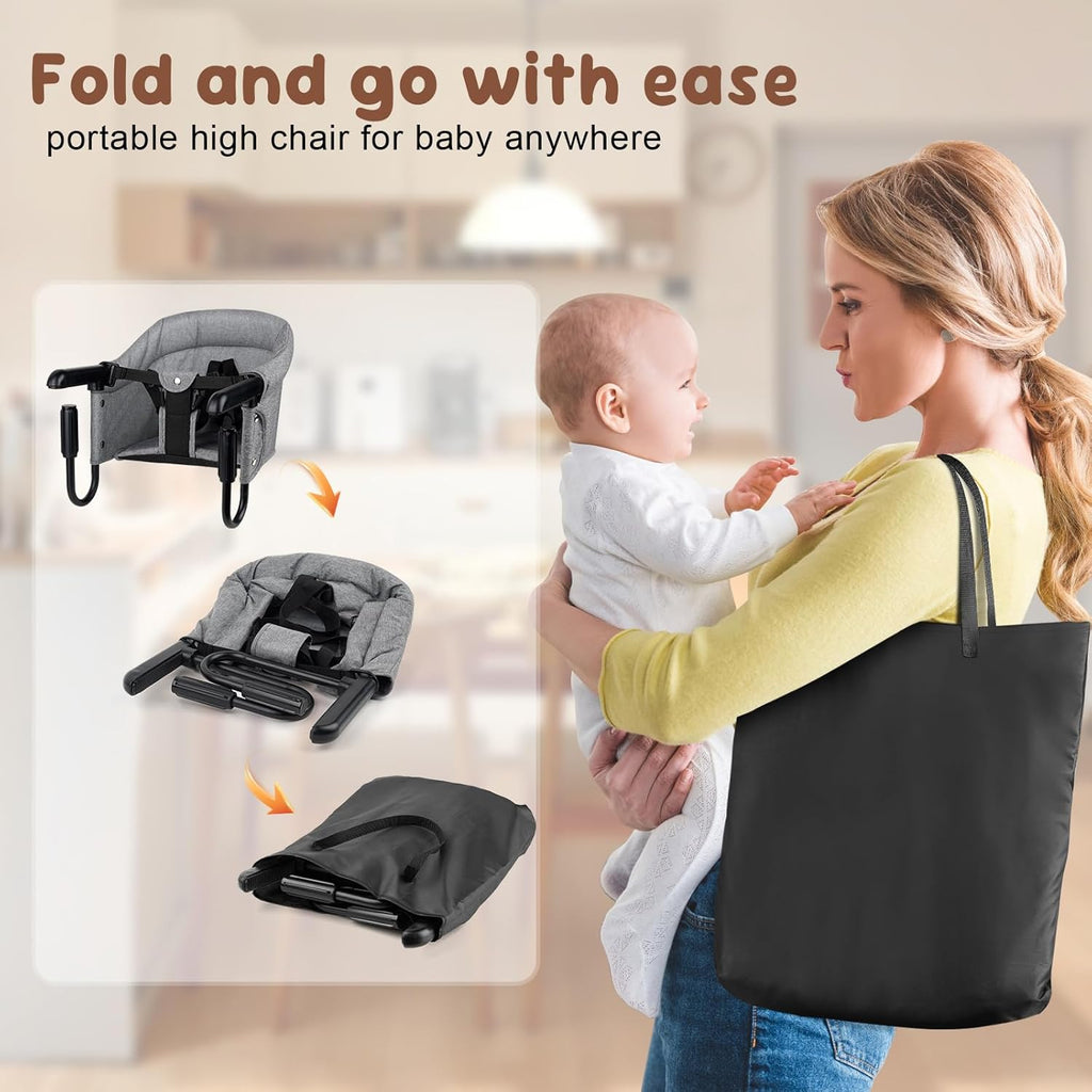 Baby Bliss Portable Hook-On Baby High Chair with Clip-On Design & 37 lb Weight Capacity | Foldable Travel & Home Use for Babies 6-36 Months | Includes Storage Bag, Grey