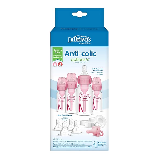 Dr. Brown's Anti-Colic Baby Feeding Set with Slow Flow Nipples, Travel Caps, Silicone Pacifier - Pink-BubblyBeeBaby