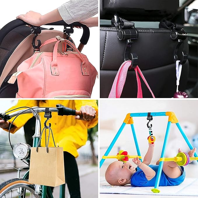 Stroller Hooks, Babyfond 2 Pack of Multifunctional Hooks, 360-degree Rotating Firm Non-Slip Stroller Hook for Buggy, Baby Carrier, Bike Bicycle, Car Headrest-BubblyBeeBaby