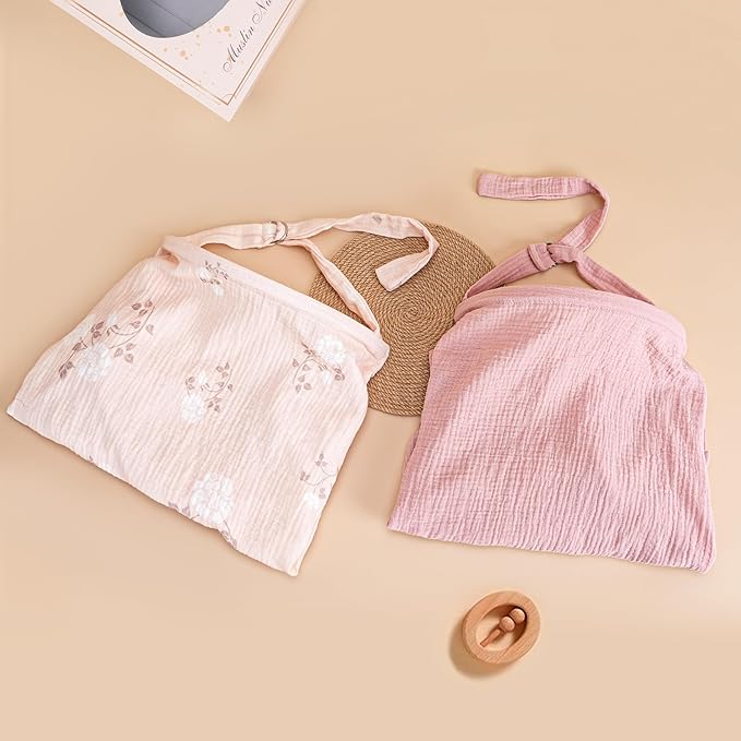2 Pack Muslin Cotton Nursing Cover for Breastfeeding, Privacy Breathable Breastfeeding Cover Cover up with Arch Neckline for Mom, 100% Cotton Nursing Apron, Floral and Pink-BubblyBeeBaby