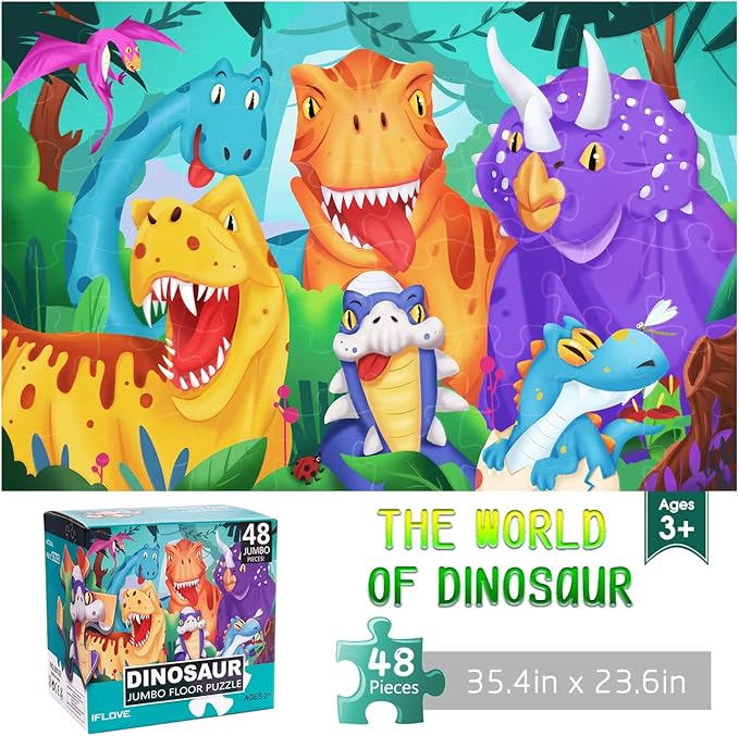 Jumbo Floor Puzzle for Kids Dinosaur Jigsaw Large Puzzles 48 Piece Ages 3-6 for Toddler Children Learning Preschool Educational Intellectual Development Toys 4-8 Years Old Easter Gift for Boy and Girl-BubblyBeeBaby