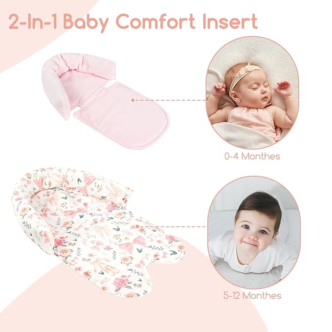 Baby Car Seat Head Support for Newborn, GFU 2 in 1 Infant Car Seat Head Body Support with Strap Pads, Soft Stroller Cushion Pillow Insert for Girls, Fits for Stroller, Swing, Pink Floral-BubblyBeeBaby