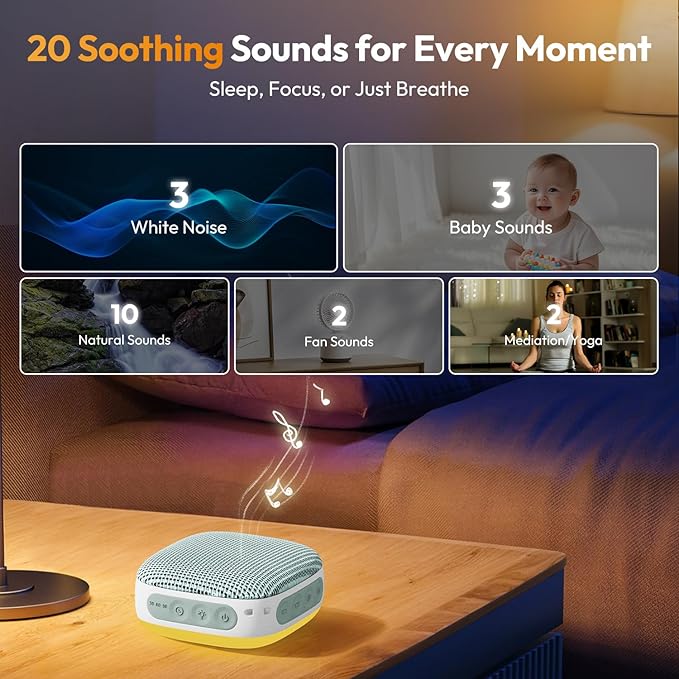 Portable Sound Machine with Night Light, White Noise Sound Machine for Sleeping, 20 Soothing Sounds, Headphone Jack,Long-Lasting Power, Timer, Mini White Noise Machine for Travel Home and Office,Green-BubblyBeeBaby