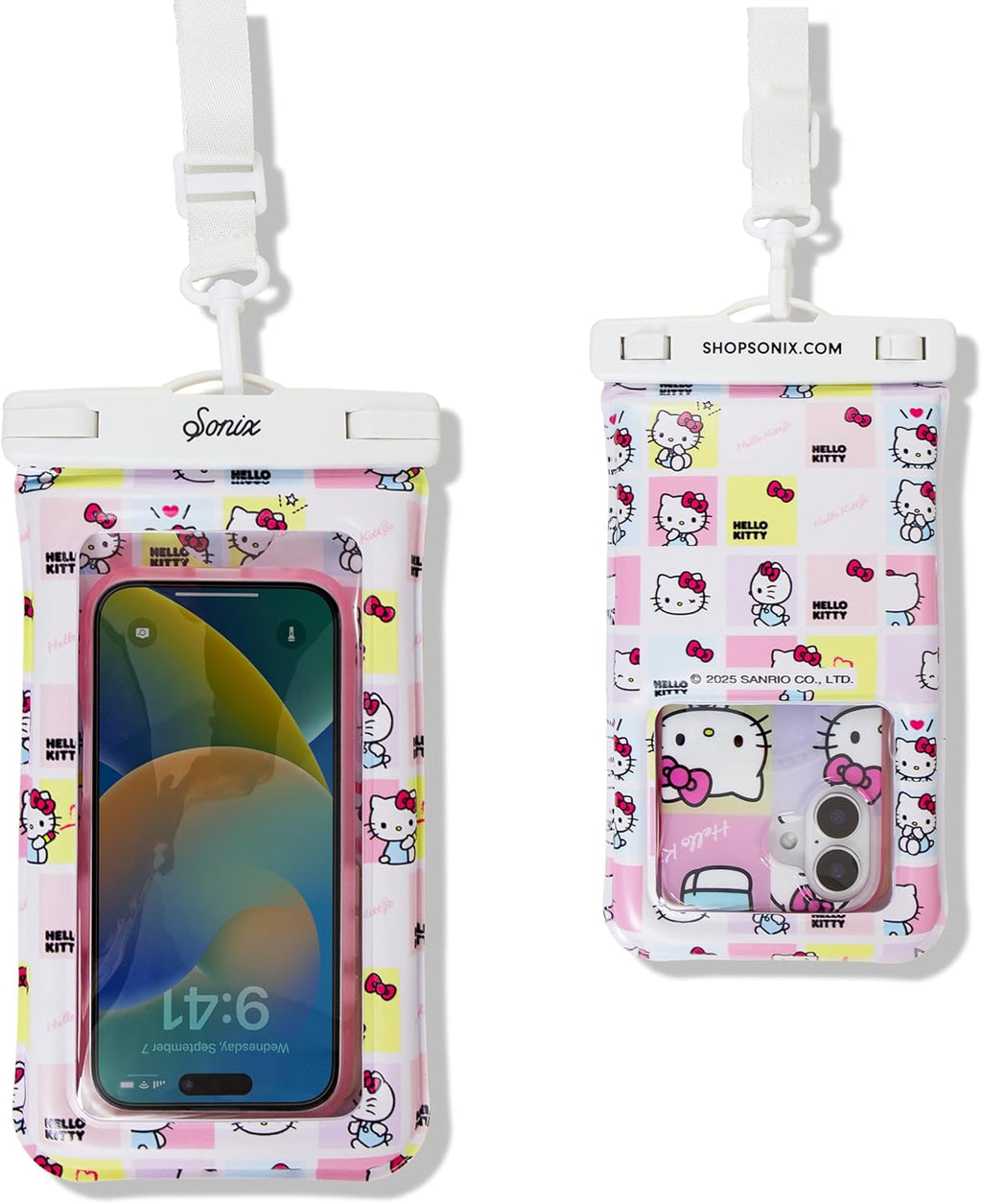 Sonix x Sanrio Waterproof Phone Pouch - Floating Phone Case Dry Bag w/Crossbody Lanyard - Beach Cruise Travel Essentials - Compatible w/All Devices, Touchscreen Friendly | Hello Kitty Grid