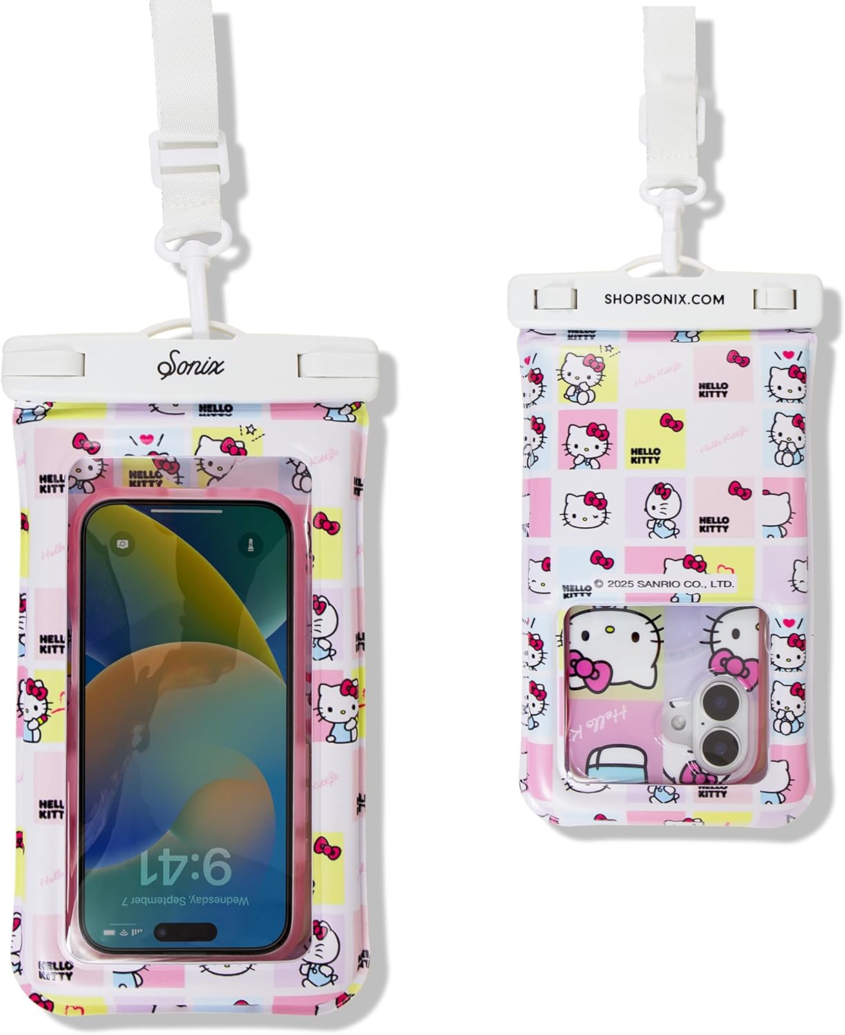 Sonix x Sanrio Waterproof Phone Pouch - Floating Phone Case Dry Bag w/Crossbody Lanyard - Beach Cruise Travel Essentials - Compatible w/All Devices, Touchscreen Friendly | Hello Kitty Grid