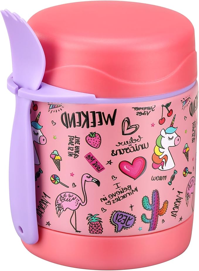 10oz Soup Thermo for Hot Food Kids,Lunch Thermo Kids Food Jar with Spoon Hot Insulated Food Containers,Leak Proof Stainless Steel Wide Mouth Lunch Food Thermo Jar for School(Pink-Flamingo)-BubblyBeeBaby