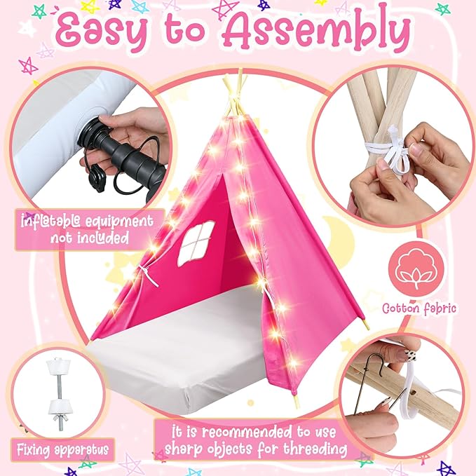 2 Pack Kids Teepee Tent with Mattress,Fitted Sheet,Light String,Washable Natural Cotton Toddler Play Tent for Girls Boys Indoor Outdoor Sleepover Slumber Birthday Party(Rose Red)-BubblyBeeBaby