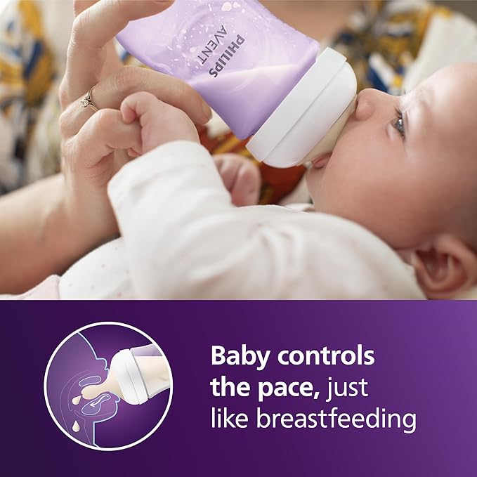 Philips Avent Natural Baby Bottles with Natural Response Nipples (Medium Flow, Flow 3), 9oz, Purple, 4-Pack, SCY903/34-BubblyBeeBaby