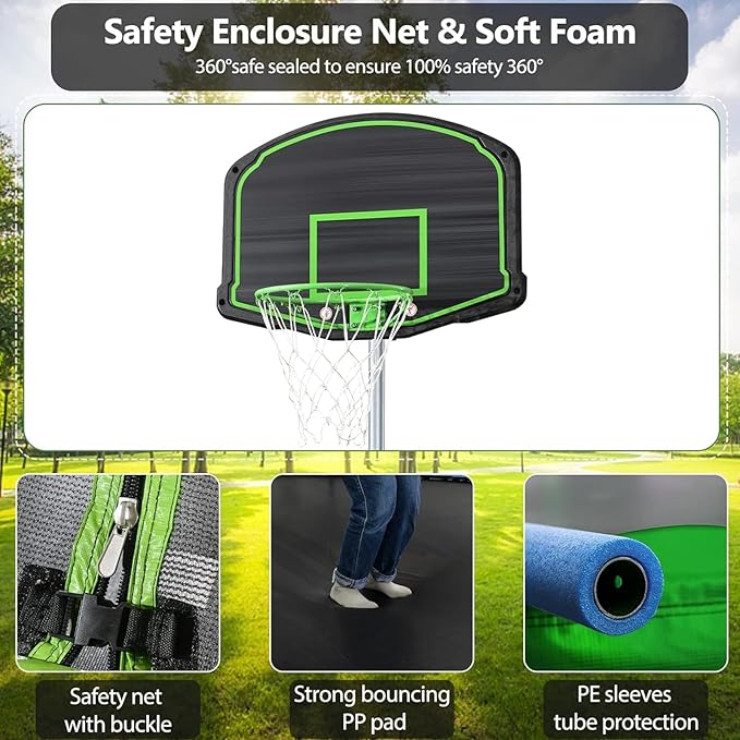 12FT 14FT Trampoline with Slide and Swings, ASTM Approved Outdoor Trampoline with Basketball Hoop and Ladder, Capacity for 5-7 Kids and Adults-BubblyBeeBaby